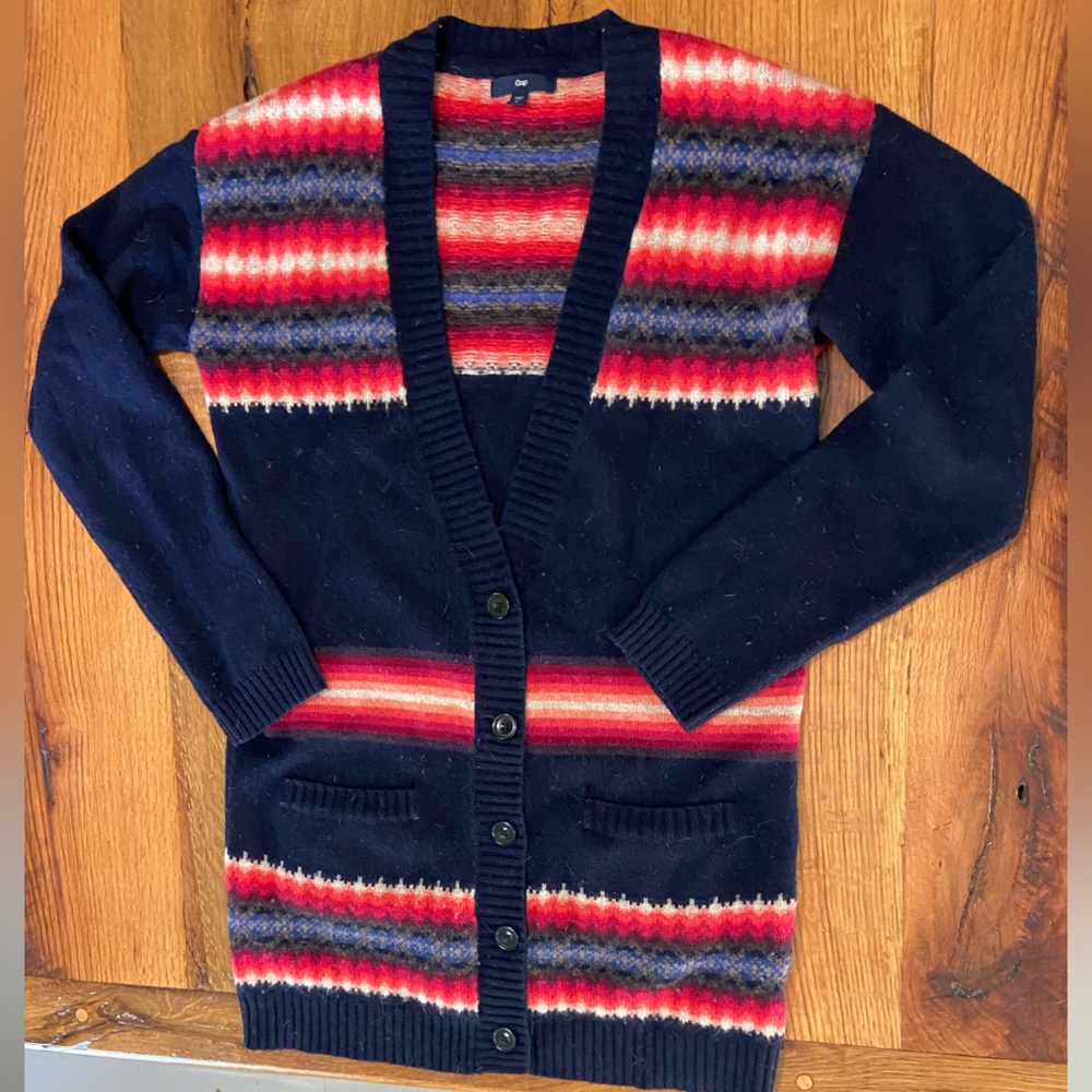Gap Wool Blend Button Front Navy Blue Sweater with Fun Bright Stripes, Sz Small